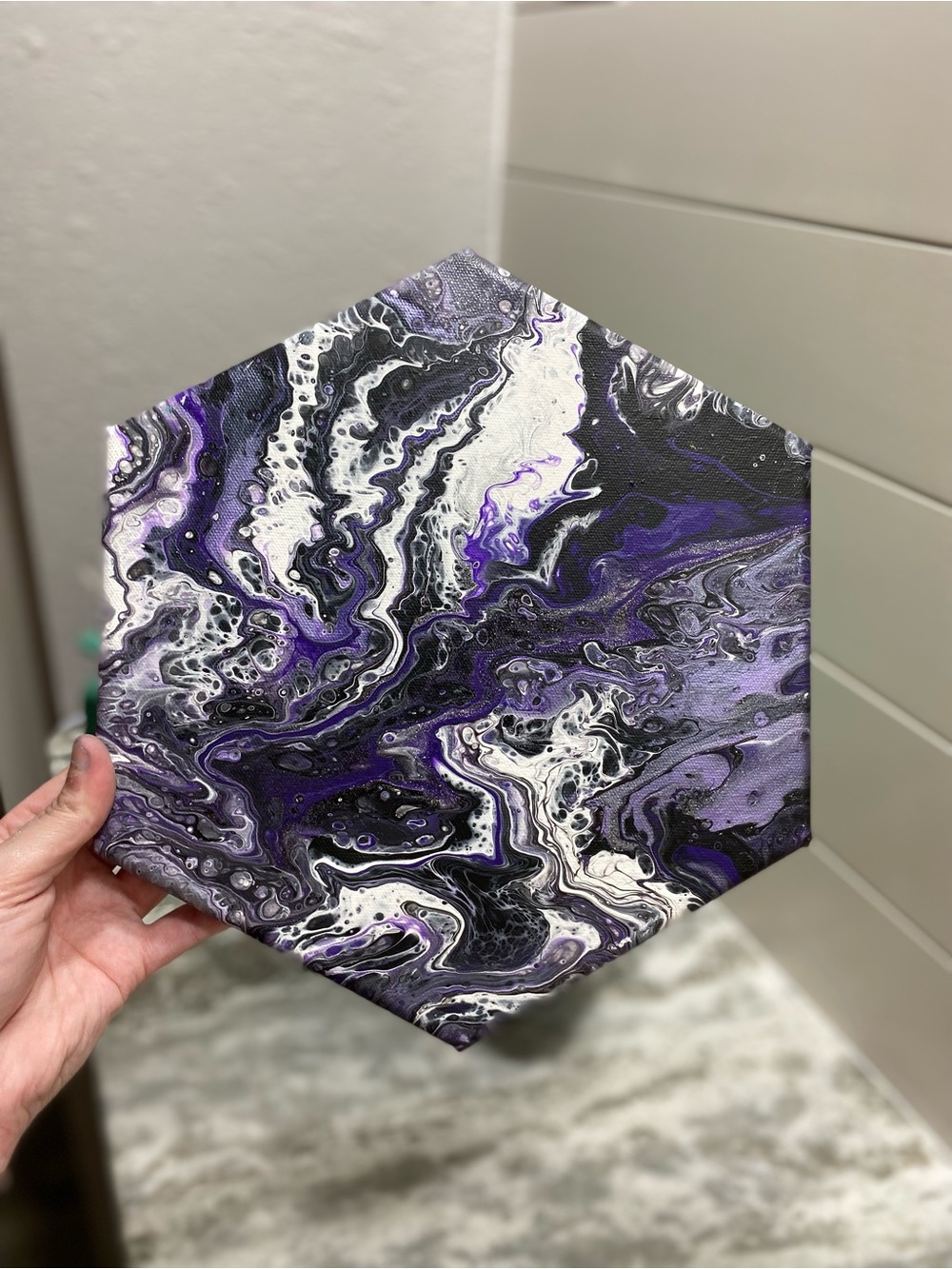 Abstract Hexagonal Canvas Art in Purple and Black w/ Glitter - Picture 7 of 8